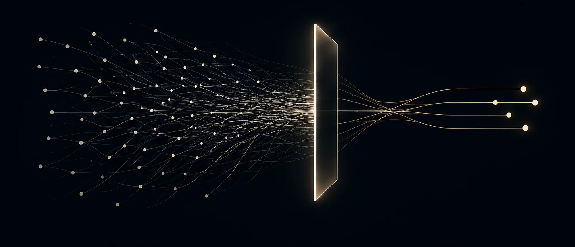Many scattered market inputs — news, rumours, social media, market data, analyst views — converging on a filter and leaving it as four clean signals: a thesis, the numbers, what breaks it, and your decision.